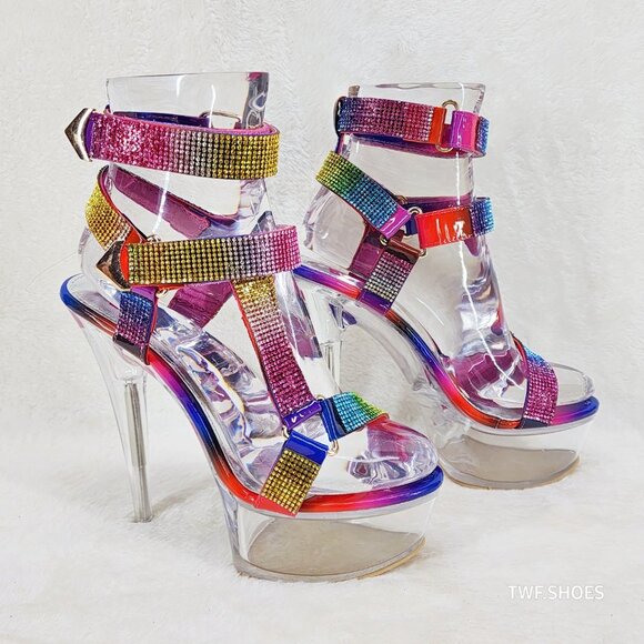 Bulls Rainbow Rhinestone Harness Strap Clear Platform Heels - Picture 3 of 17